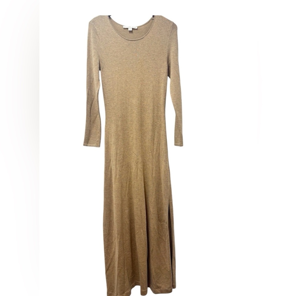 BOSTON PROPER LUXE KNIT MAXI DRESS TAN LONG SLEEVE SOFT STRETCH JERSEY CHIC SZ M